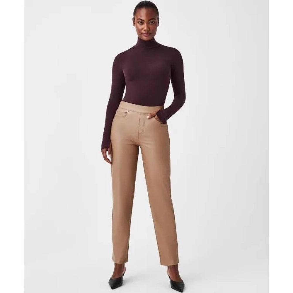 Spanx Faux Leather Straight Leg Shaping Pants Large Caramel Brown Womens